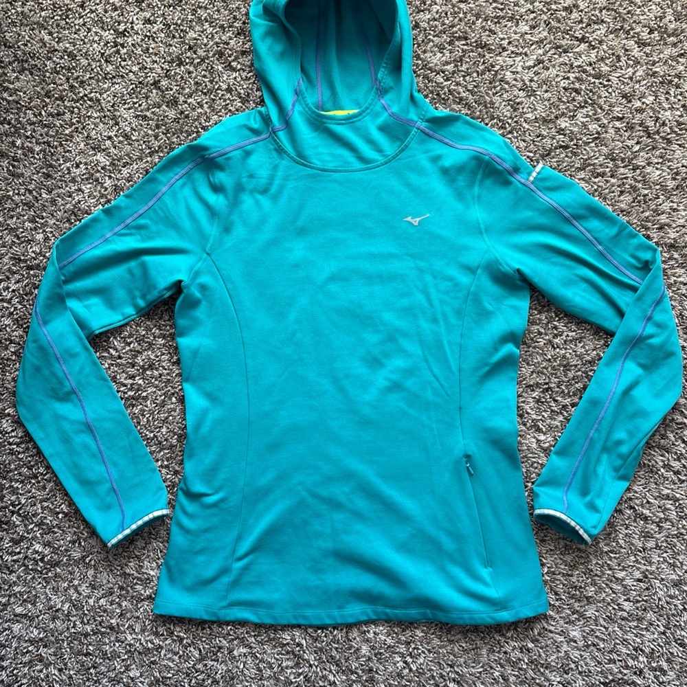 Mizuno Vortex Warmalite Running Hoodie Scuba Blue Thumbholes Zip Pocket
